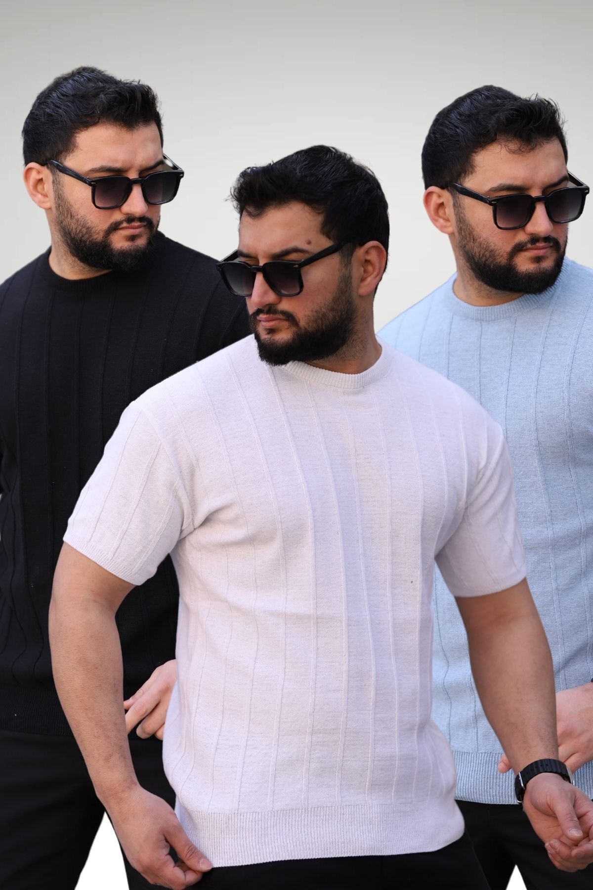 Trendseninle Siyah Beyaz Bebe Mavisi 3lü Set Bisiklet Yaka Kabartma Triko Örme Kısa Kollu Tişört