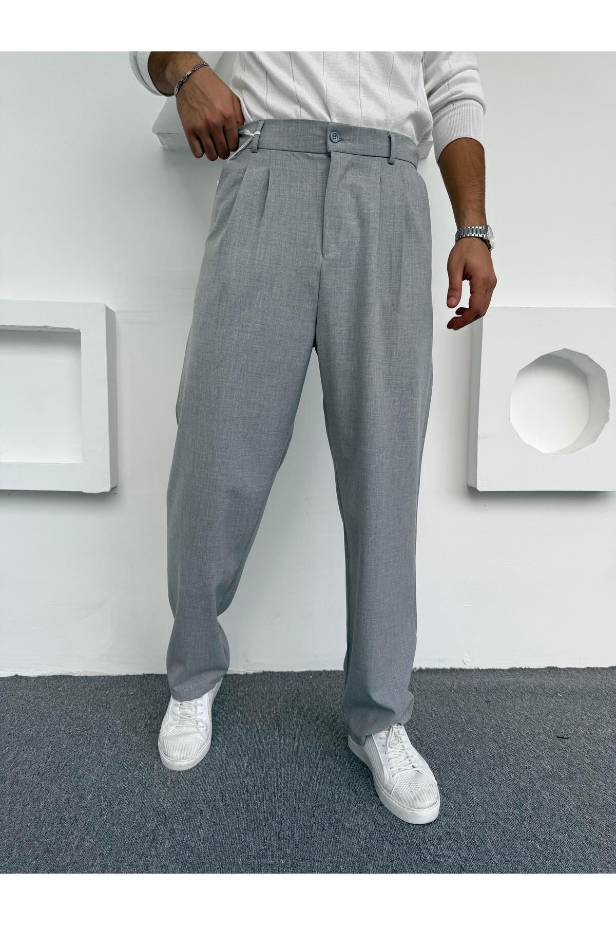 Butik Pileli Baggy Kumaş Pantolon Gri