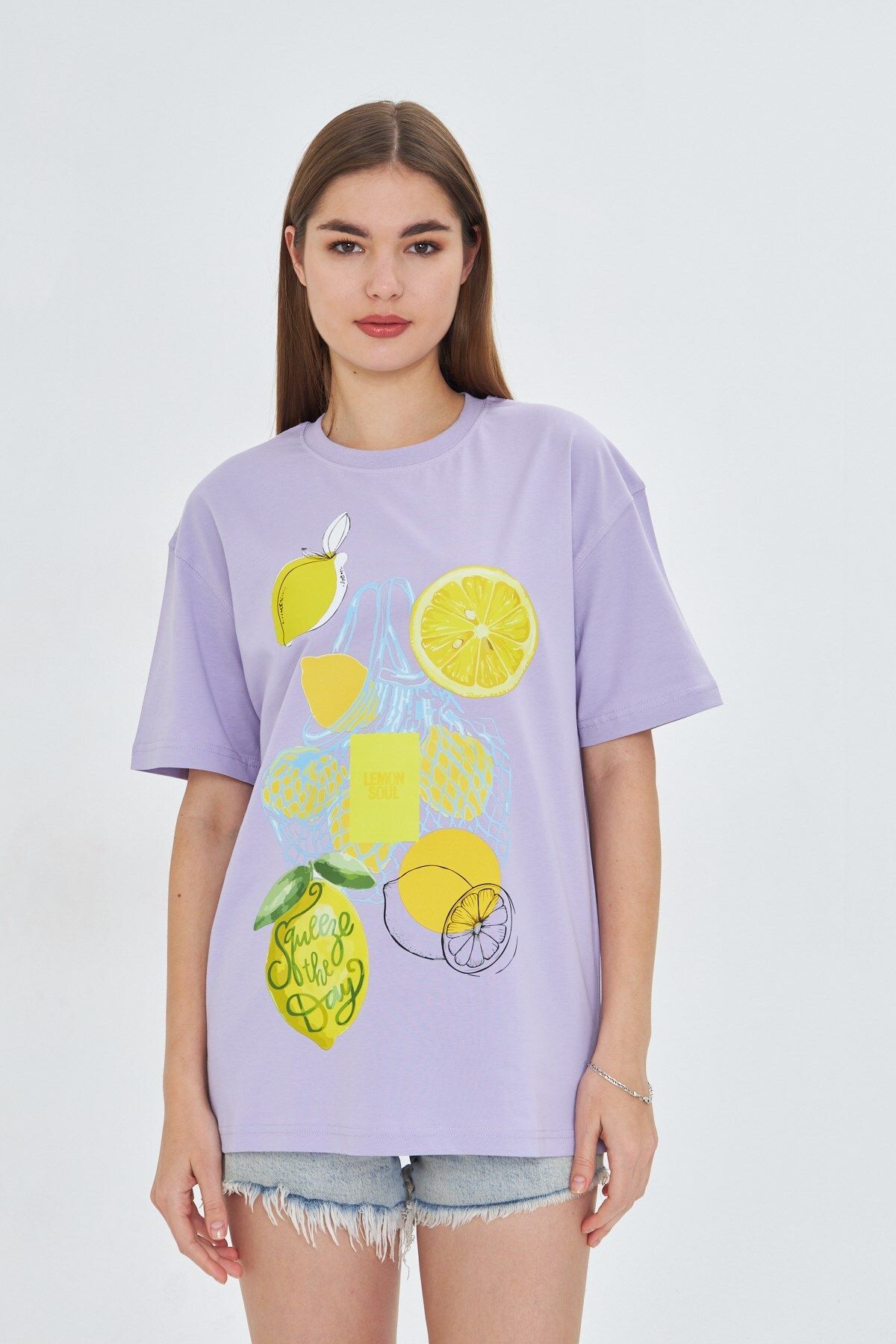 The Champ Clothing Kadın Limon Baskılı Lila Oversize Yazlık Tişört Squeeze The Day