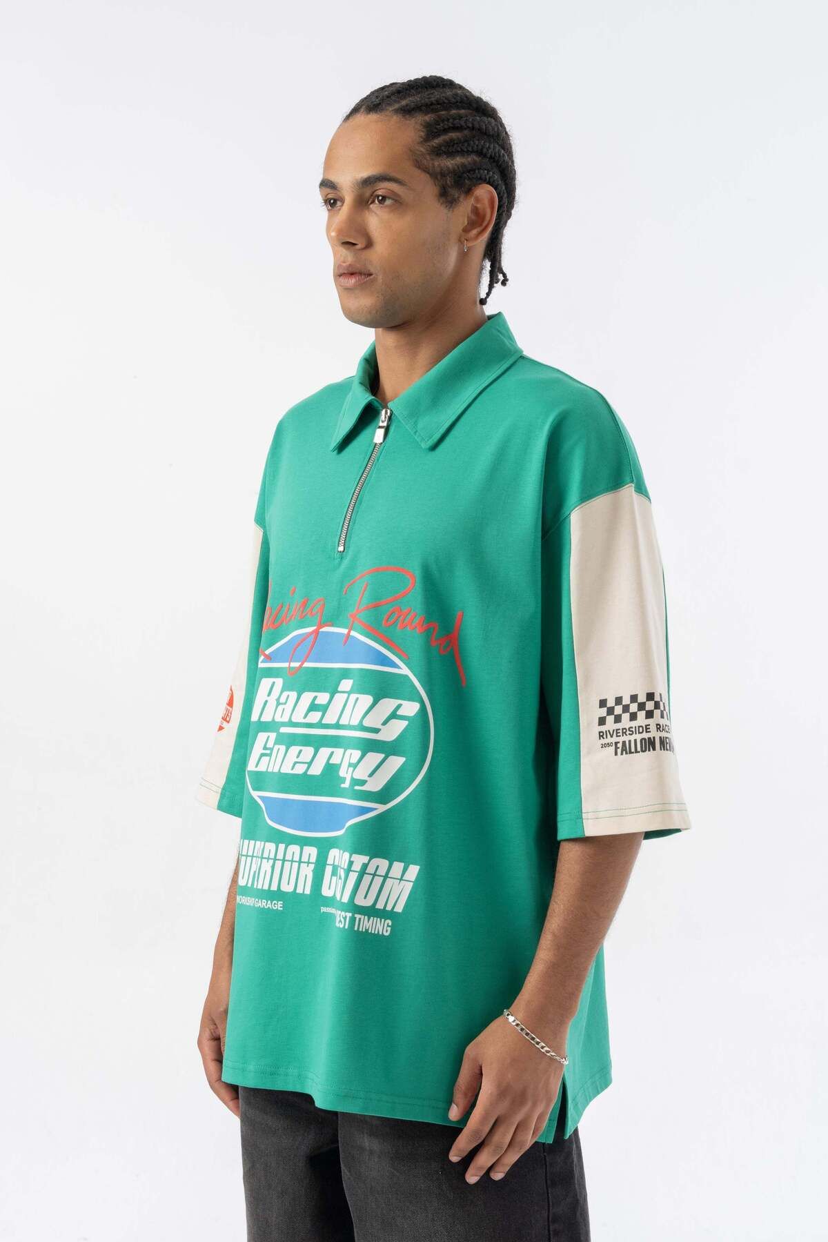 jaceyjace Racing Energy Polo Yaka Oversize T-shirt - Yeşil