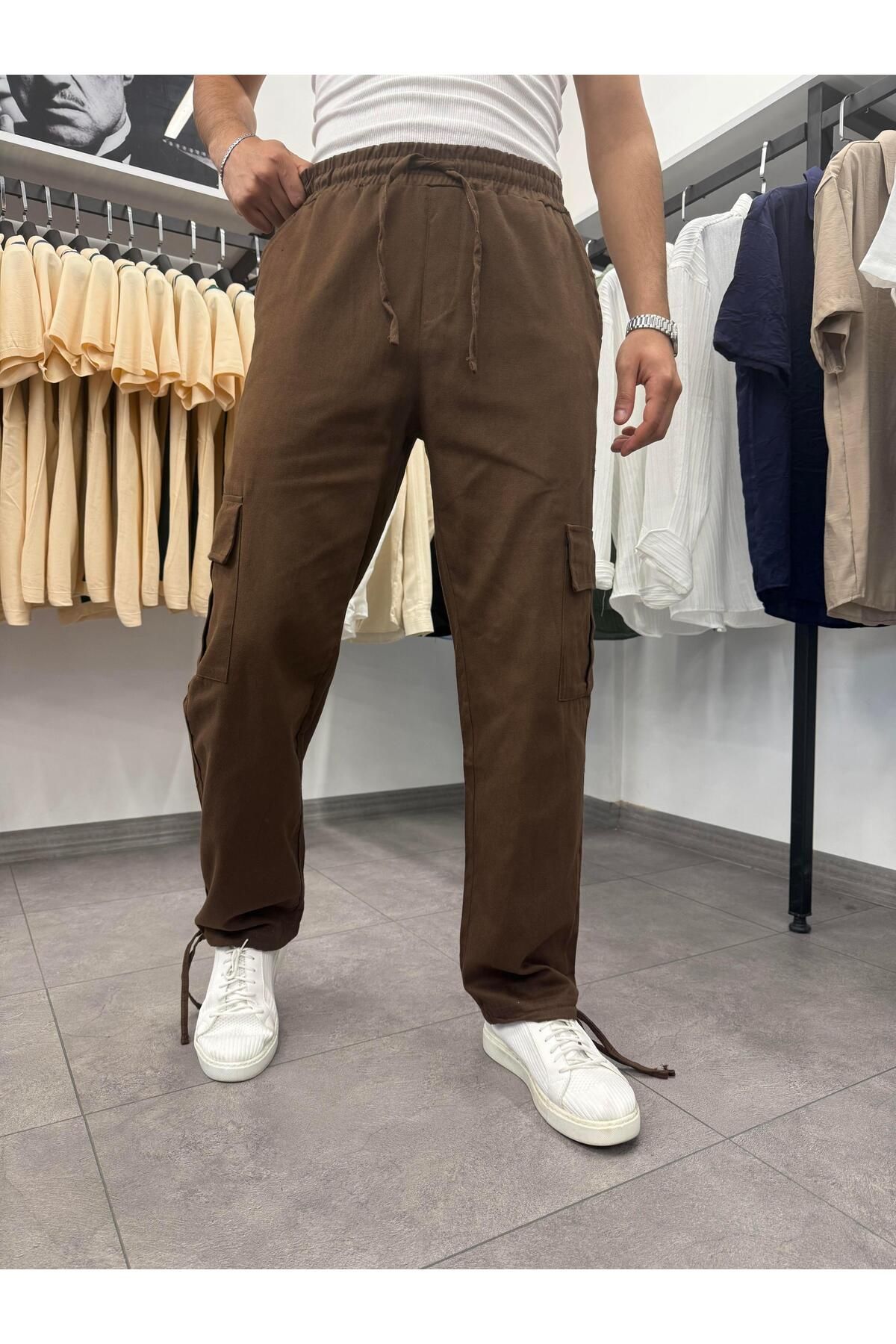 Butik Kargo Cepli Gabardin Kumaş Paça Ayarlanabilir Keten Pantolon Kahverengi