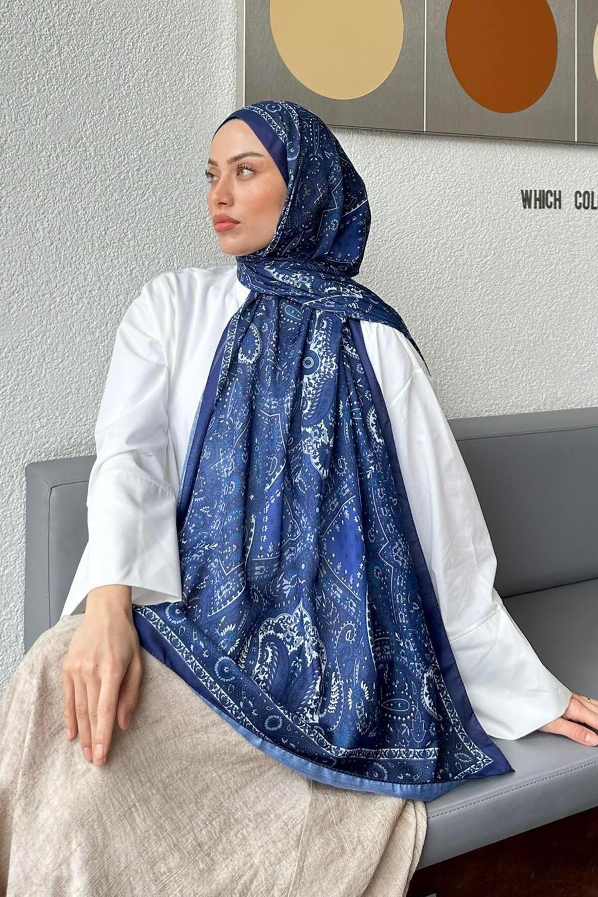 lamelif-Retro Pattern Soft Shawl Indigo 3