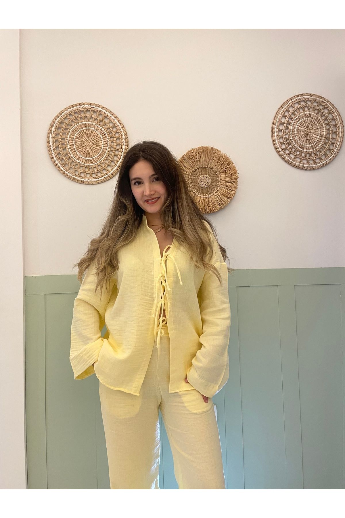 Nihanello Butik Sarı önden bağlamalı alt üst takım