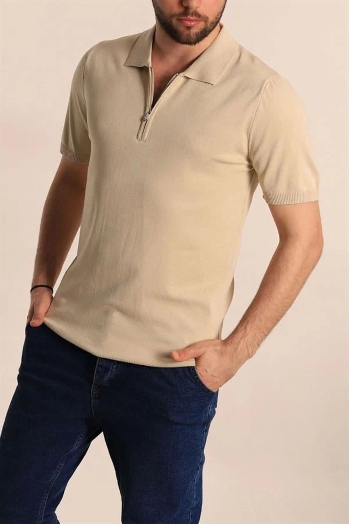 Lale Moda 2570 Fermuarlı Polo Yaka Merselize Kumaş Kolu Ve Beli Lastikli Erkek TShirt Taş