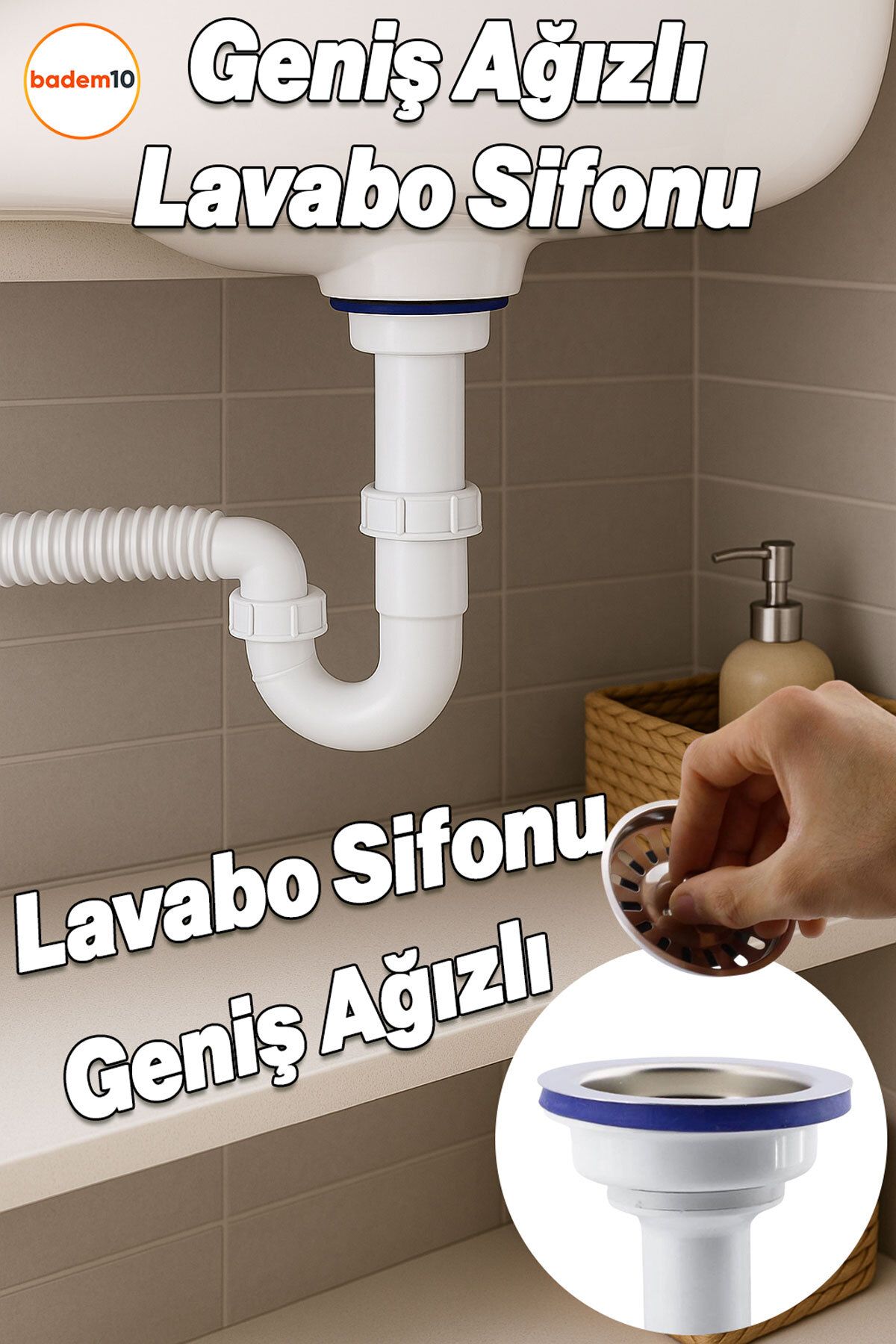 Badem10 Geniş Ağızlı Lavabo Sifonu Körüklü Koku Önleyici Sökülebilir Evye Gider Borusu Pop-Up Çekvalfli