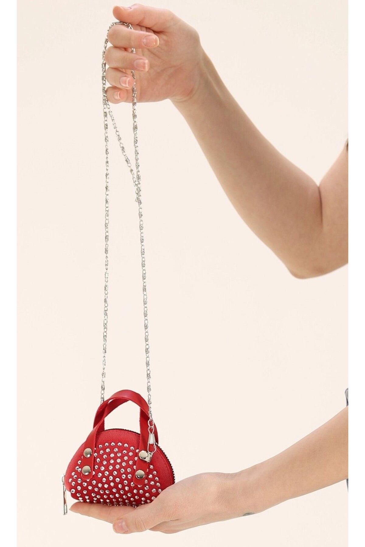 Butik Lena Kırmızı Taş Tasarımlı Mini Boy Zincir Askılı El ve Omuz Çantası
