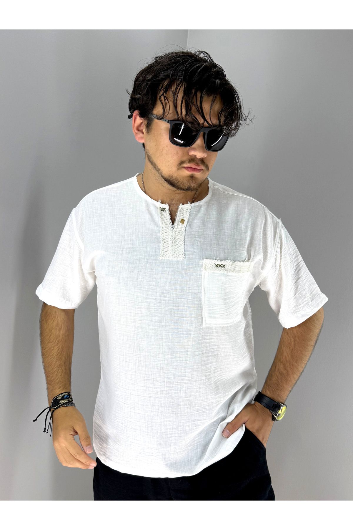 MARESHAL El İşi Yaka ve Cep Pis Dikiş Oversize T-Shirt (Beyaz)
