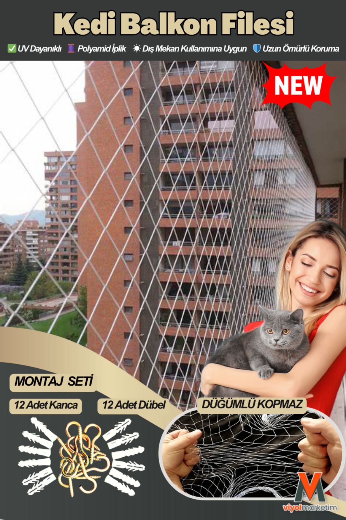 viyolmarketim Beyaz Balkon Filesi 3x5 M – Kedi Koruma Ve Kuş Önleme Güvenlik Filesi - Kanca Ve Dübel Dahil