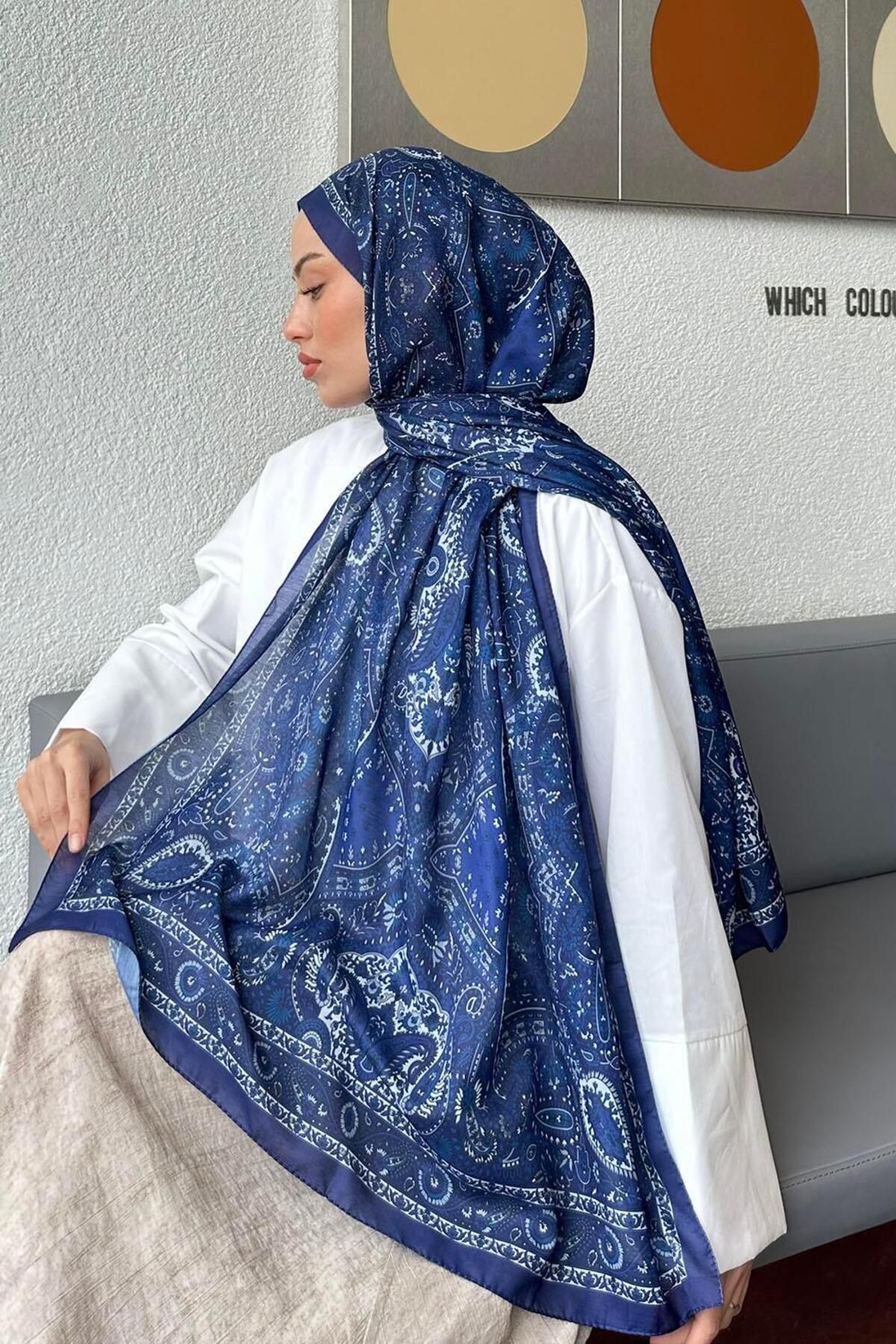 lamelif-Retro Pattern Soft Shawl Indigo 4