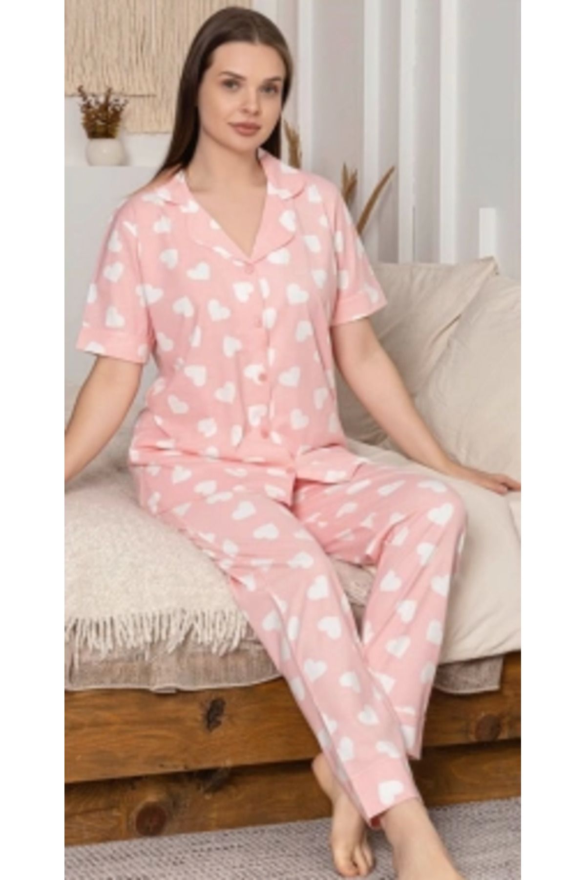 Kocabey 6305 Kadın Kalp Desenli Patlı Pijama Takımı