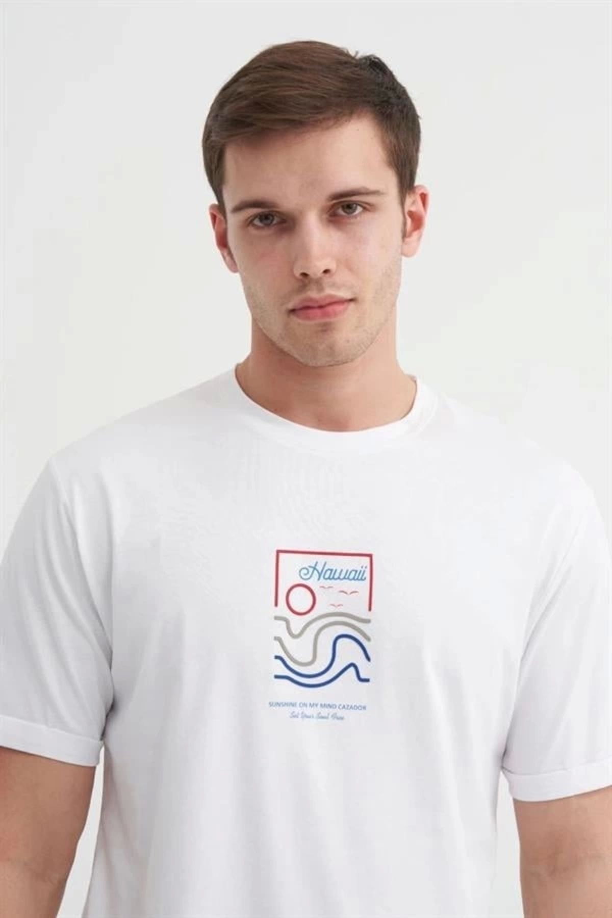 Lale Moda 4188 Bisiklet Yaka Baskılı Erkek T-Shirt Beyaz