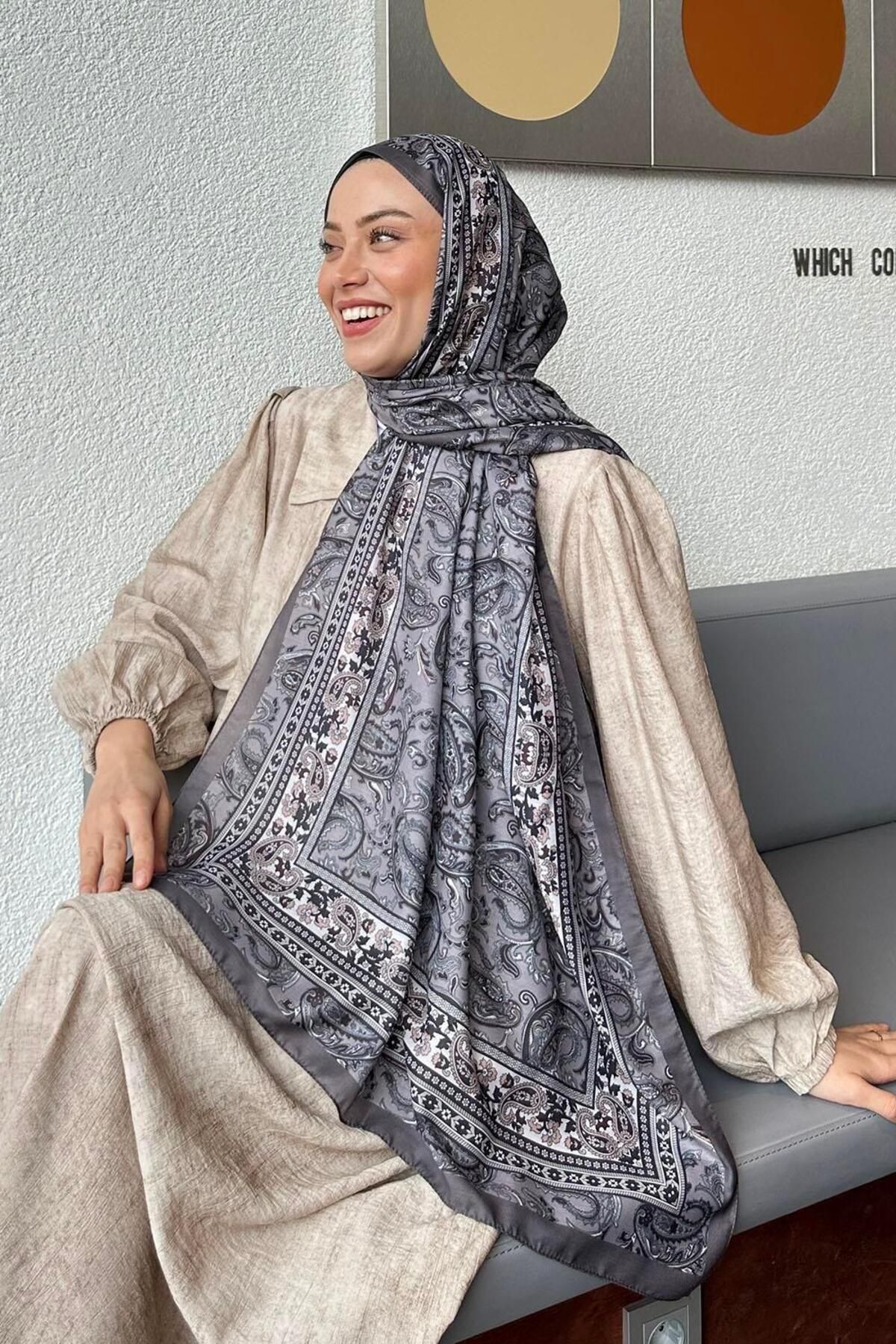 lamelif-Retro Pattern Soft Shawl Gray 3