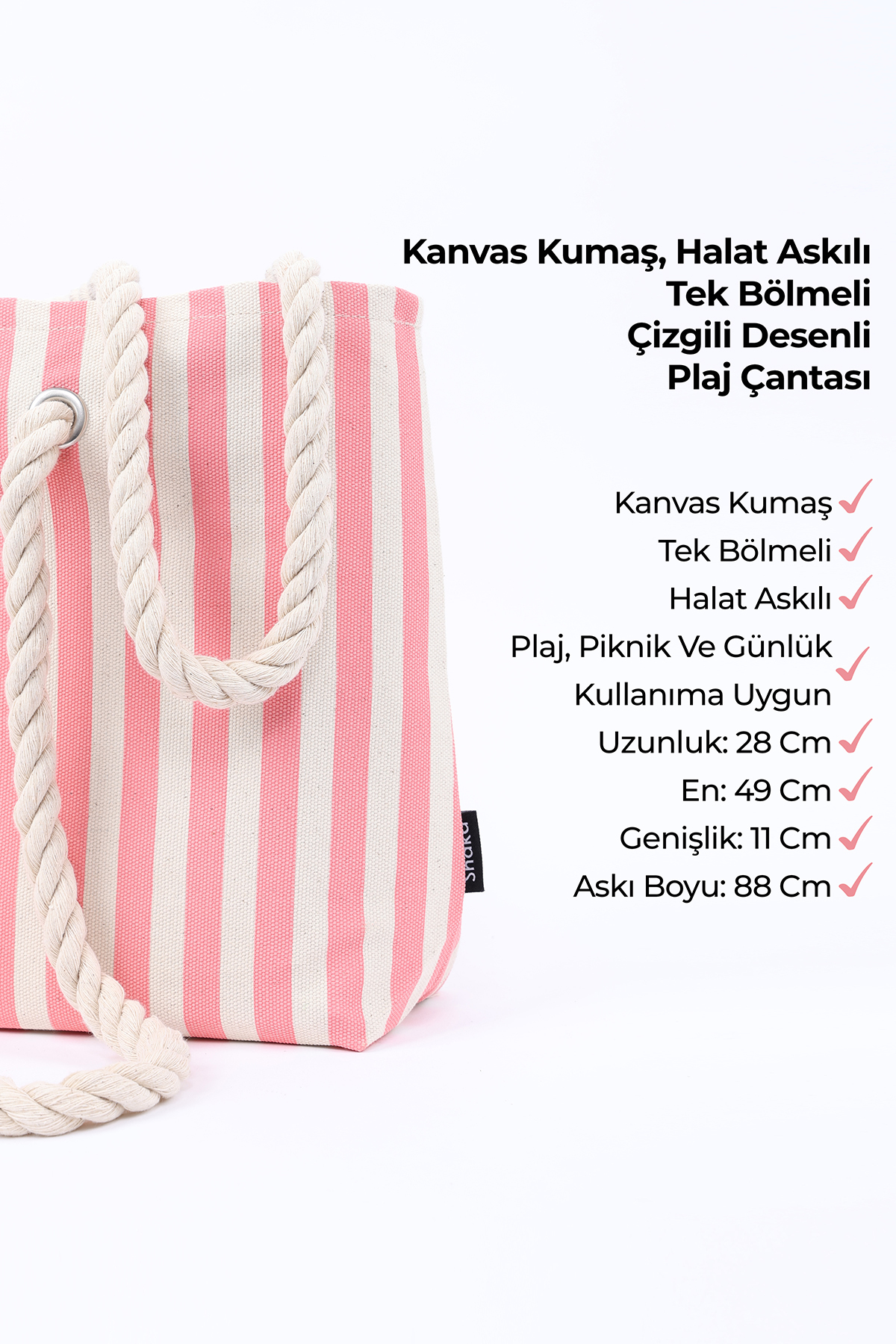 SHAKA Pembe Shk234 Kanvas Kumaş Tek Bölmeli Çizgi Desenli Seyahat, Piknik ve Plaj Çantası görsel 7