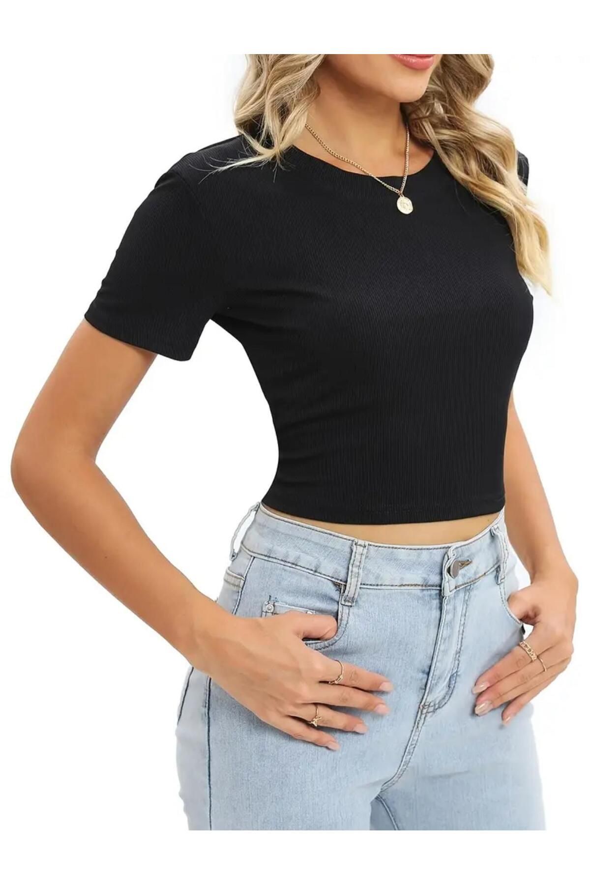 Wearflawless Kadın %100 Pamuklu Bisiklet Yaka Basic Kısa Kollu Fitilli Esnek Crop Bluz