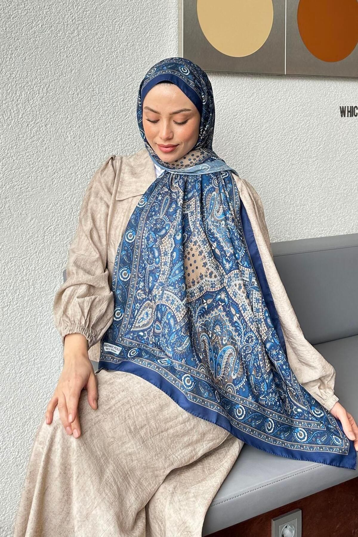 lamelif-Retro Pattern Soft Shawl Midnight Blue 3