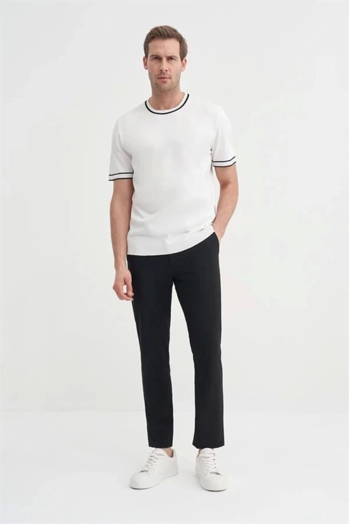Lale Moda 3013 Bisiklet Yaka Bel ve Kol Lastikli Triko Erkek T-Shirt BEYAZ