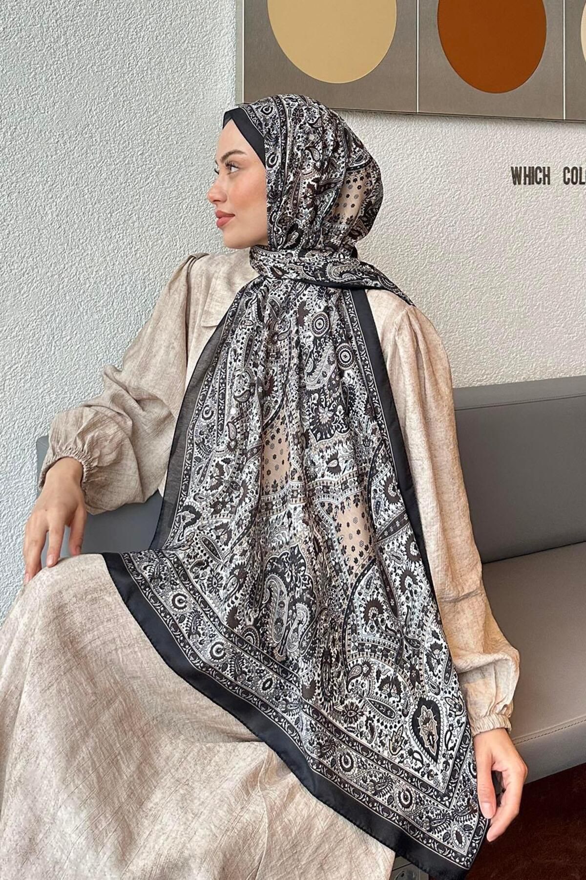 lamelif-Retro Pattern Soft Shawl Ecru 4