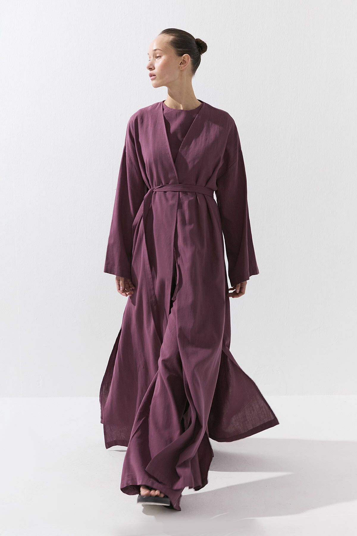 Hooopstore Kemerli Uzun Kimono Mürdüm Pantolon Takım
