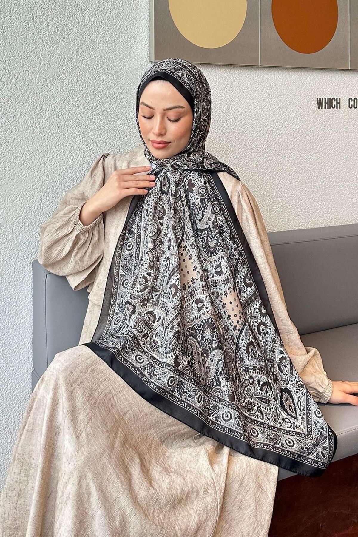 lamelif-Retro Pattern Soft Shawl Ecru 3