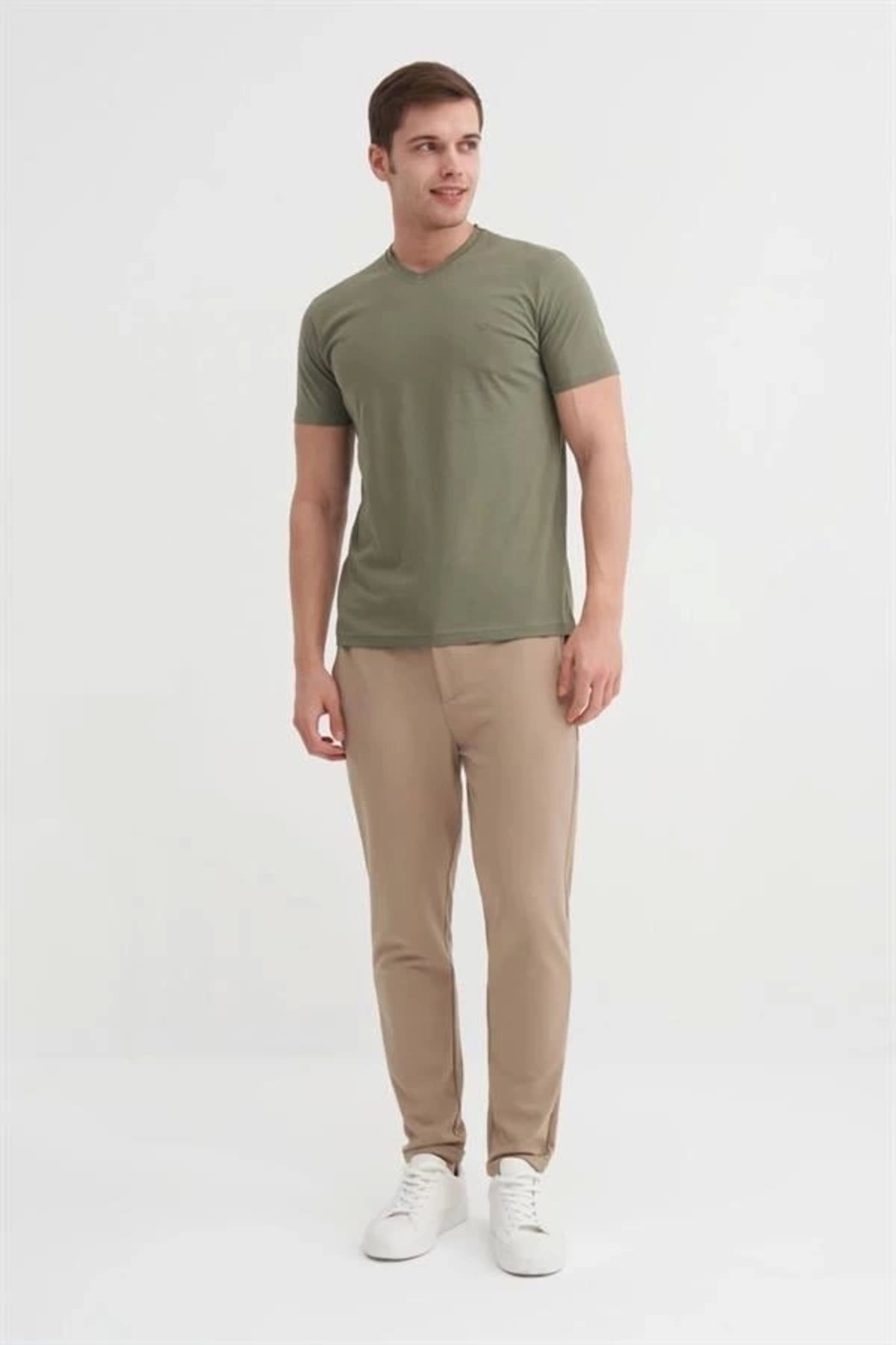 Lale Moda 4624 Basıc V Yaka Erkek T-Shirt Haki