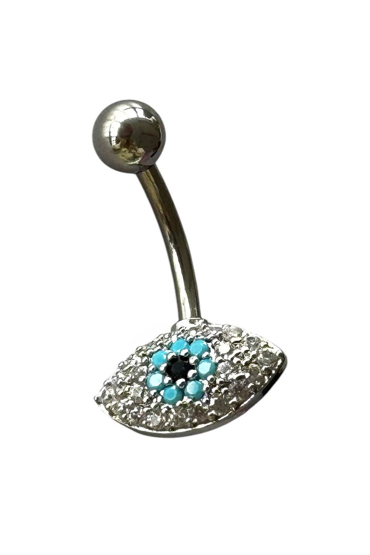 TAKIŞTIR Gümüş Renk Göz Figürlü Taş Detaylı Cerrahi Çelik Göbek Piercing