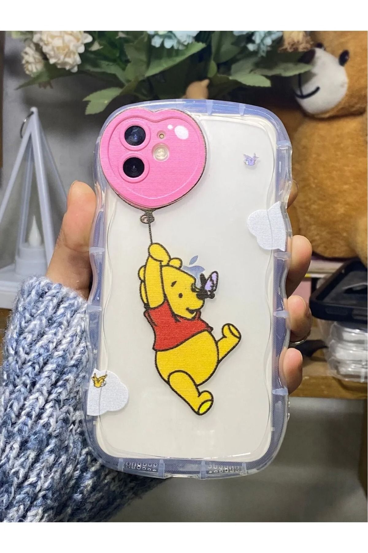 LUXKLAS iphone 11 kamera kalp detaylı ve asılı ayı baskılı darbeye karşı dayanıklı şeffaf kılıf