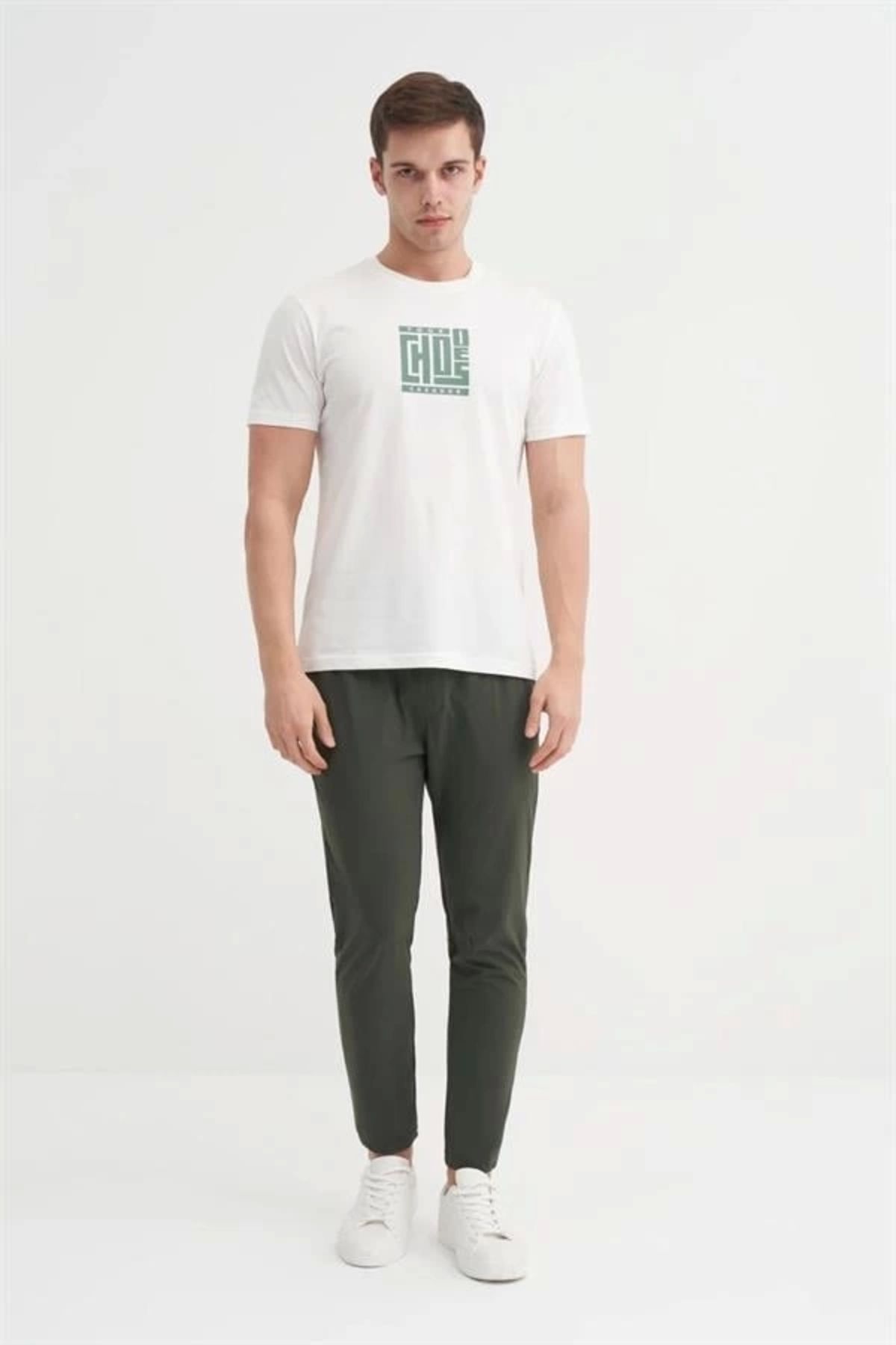 Lale Moda 4165 Bisiklet Yaka Baskılı Erkek T-Shirt EKRU
