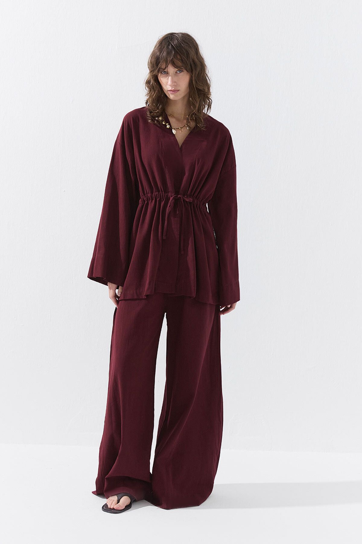 Hooopstore Önden Bağlama Detaylı Bordo Kimono Pantolon Takım