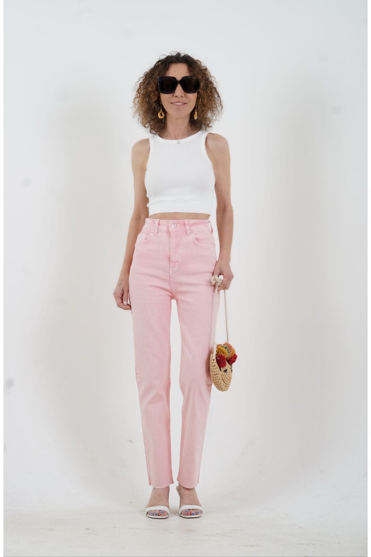 Zelish My Sister Pembe Paçası Dikişsiz Mom Fit Jean Pantolon