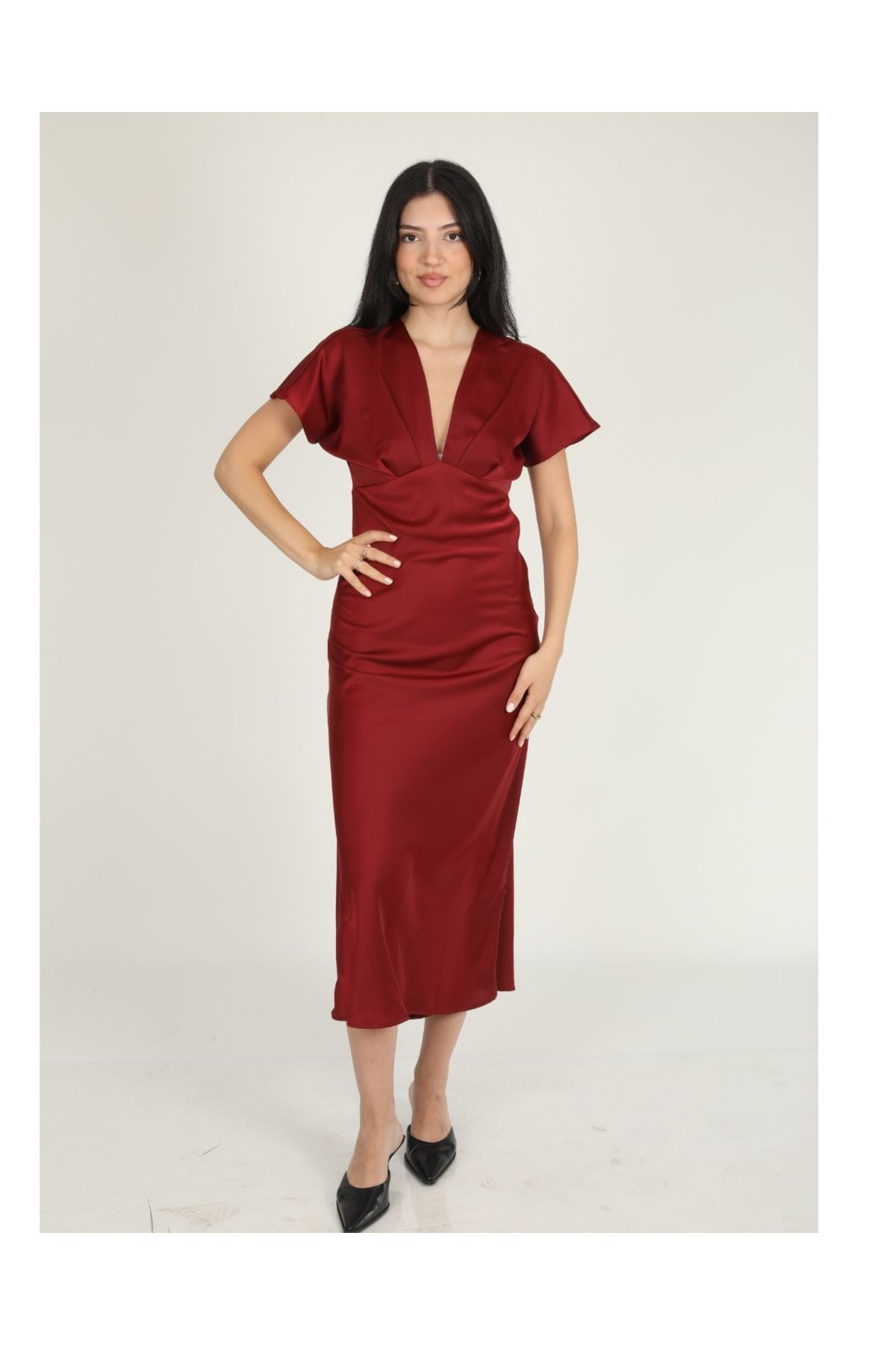 DEQ FASHION Kadın Bordo Saten V Yaka Midi Boy Elbise