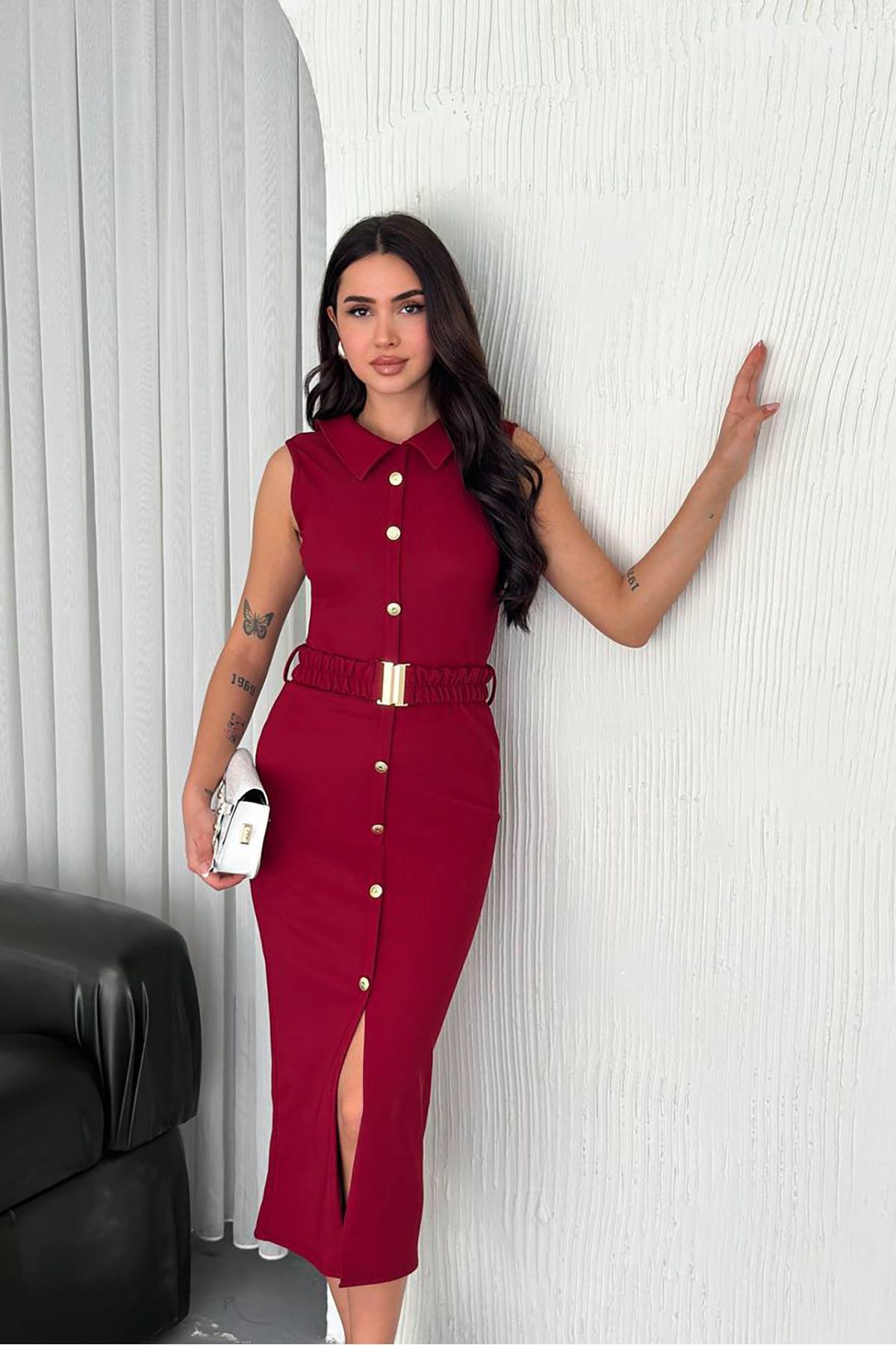 XXL BUTİK Kadın kemerli düğme detaylı bordo elbise X-NBK4195