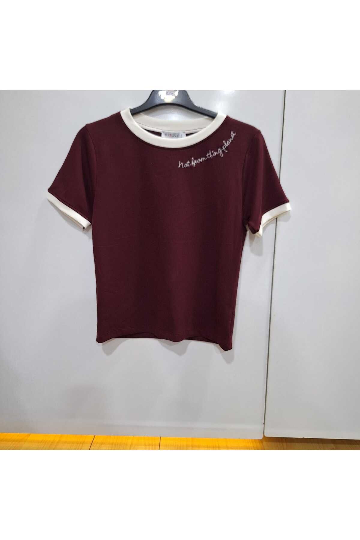 NUR TEKSTİL kadın bordo viskon pamuklu penye likralı 1 kalite crop t-shirt