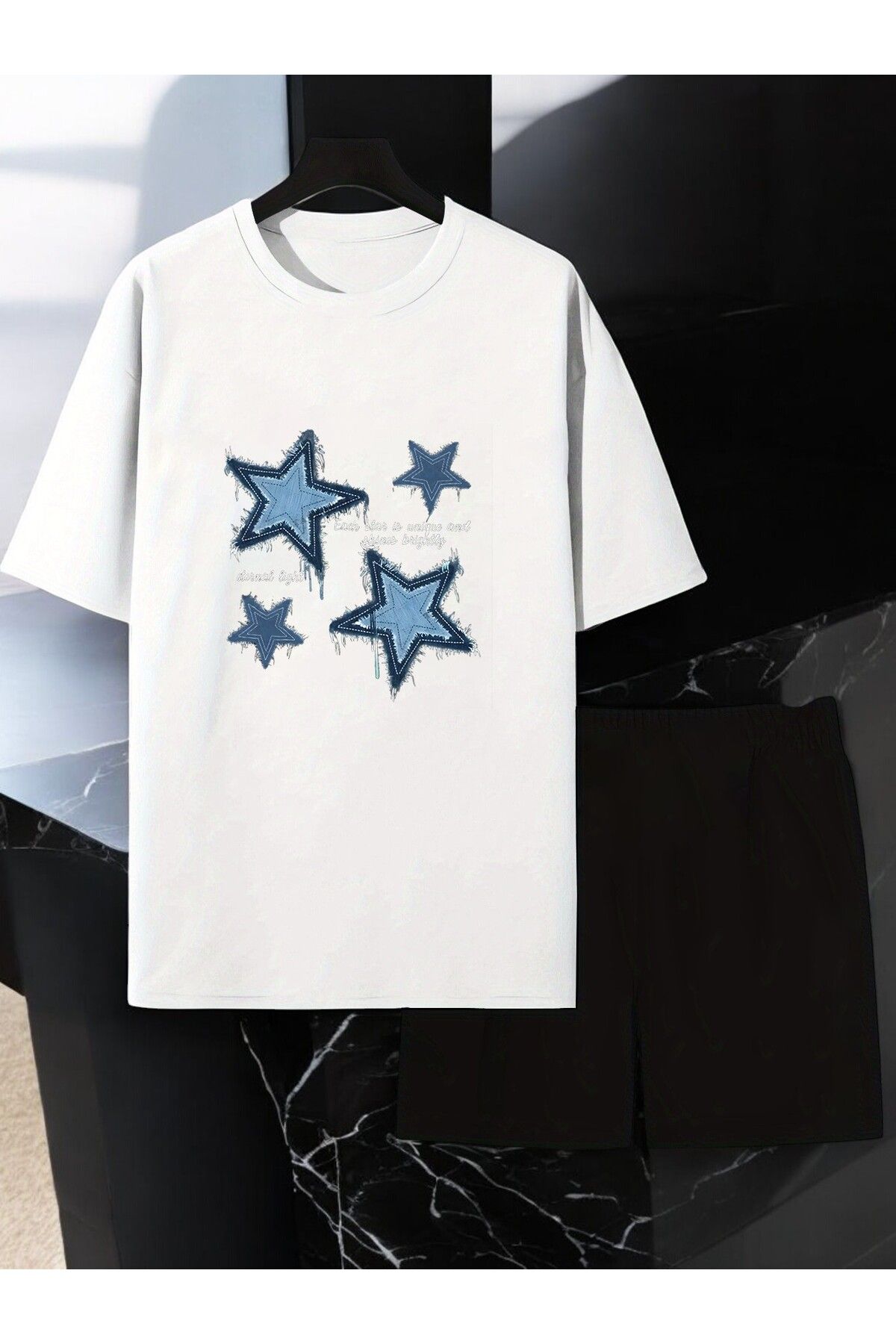 uyguntarz Unisex Yıldızlar Tasarım Basklı Tshirt Şort Takımı