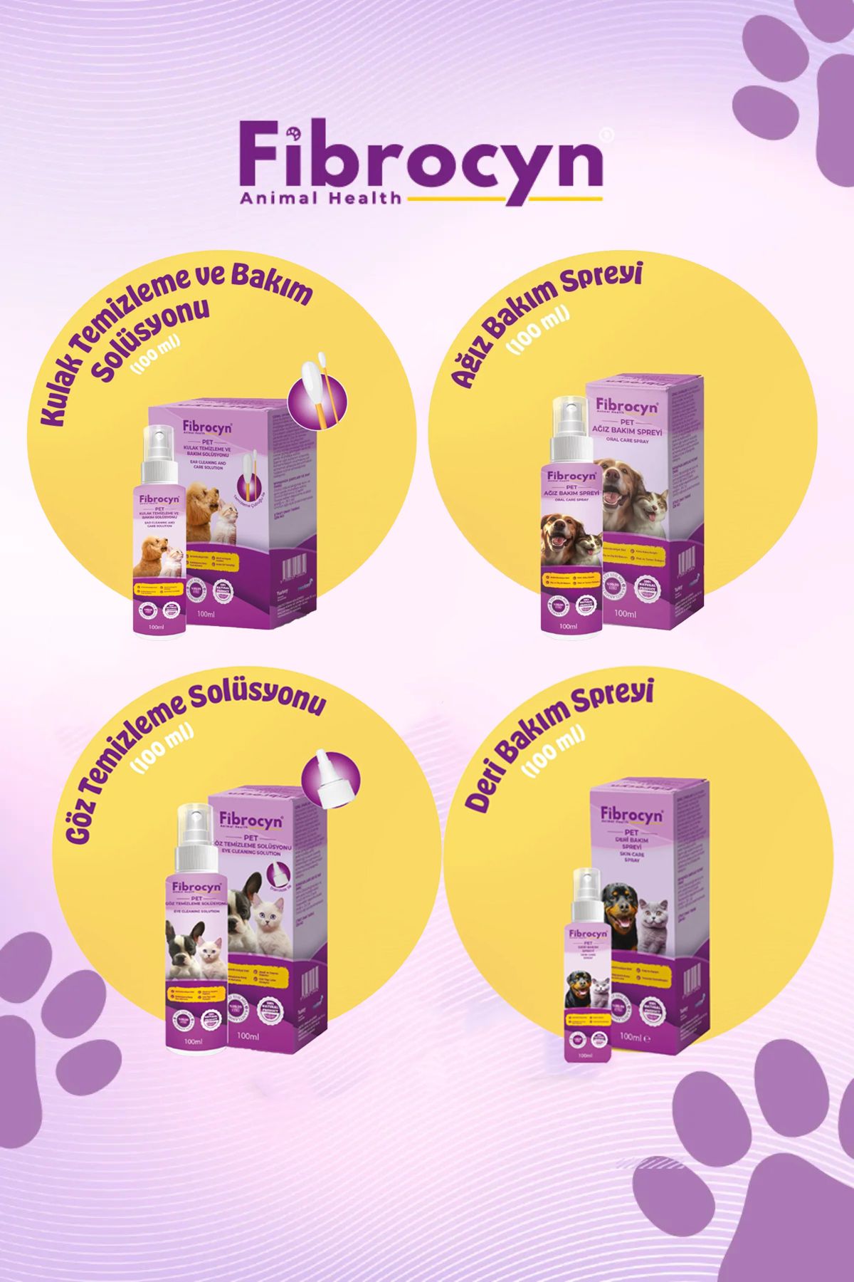 FİBROCYN Kedi Köpek Pet İçin 4 lü Bakım Seti ( Kulak Ağız Deri Göz ) Temizleme ve Bakım
