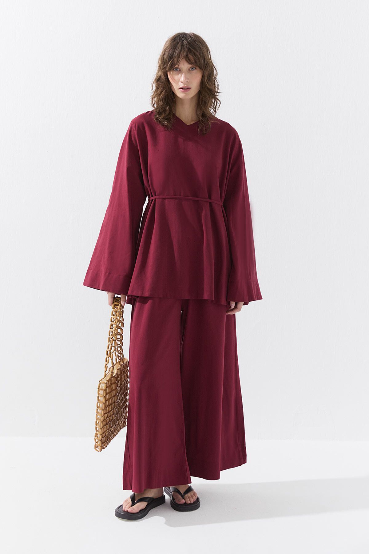 Hooopstore Pamuk Karışımlı Bluz Pantolon Bordo Takım