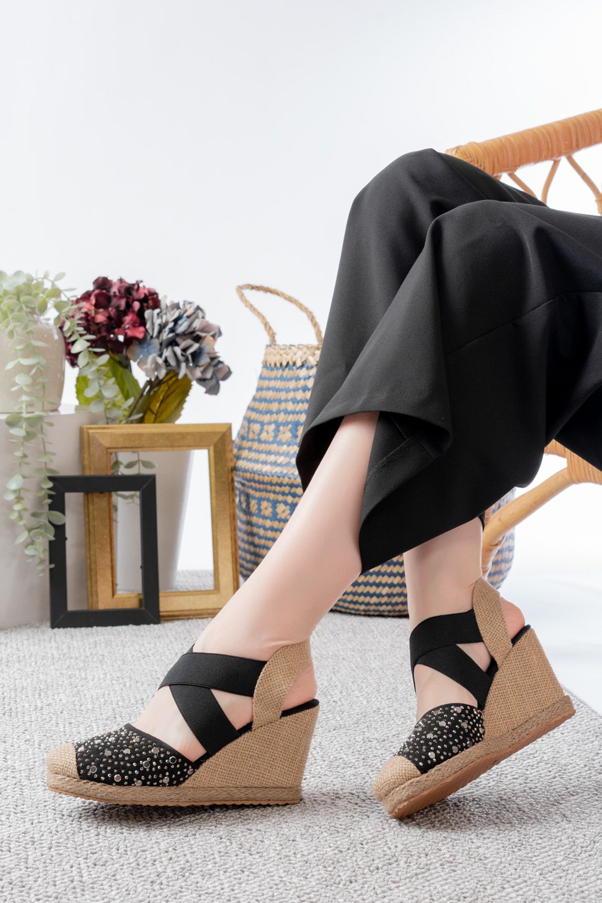 Egepass-Sole Di̇ Sabbia Espadrille Style Shoes with Straw Sole and Stone Detail in Beige and Black Color Wedge Heel 4