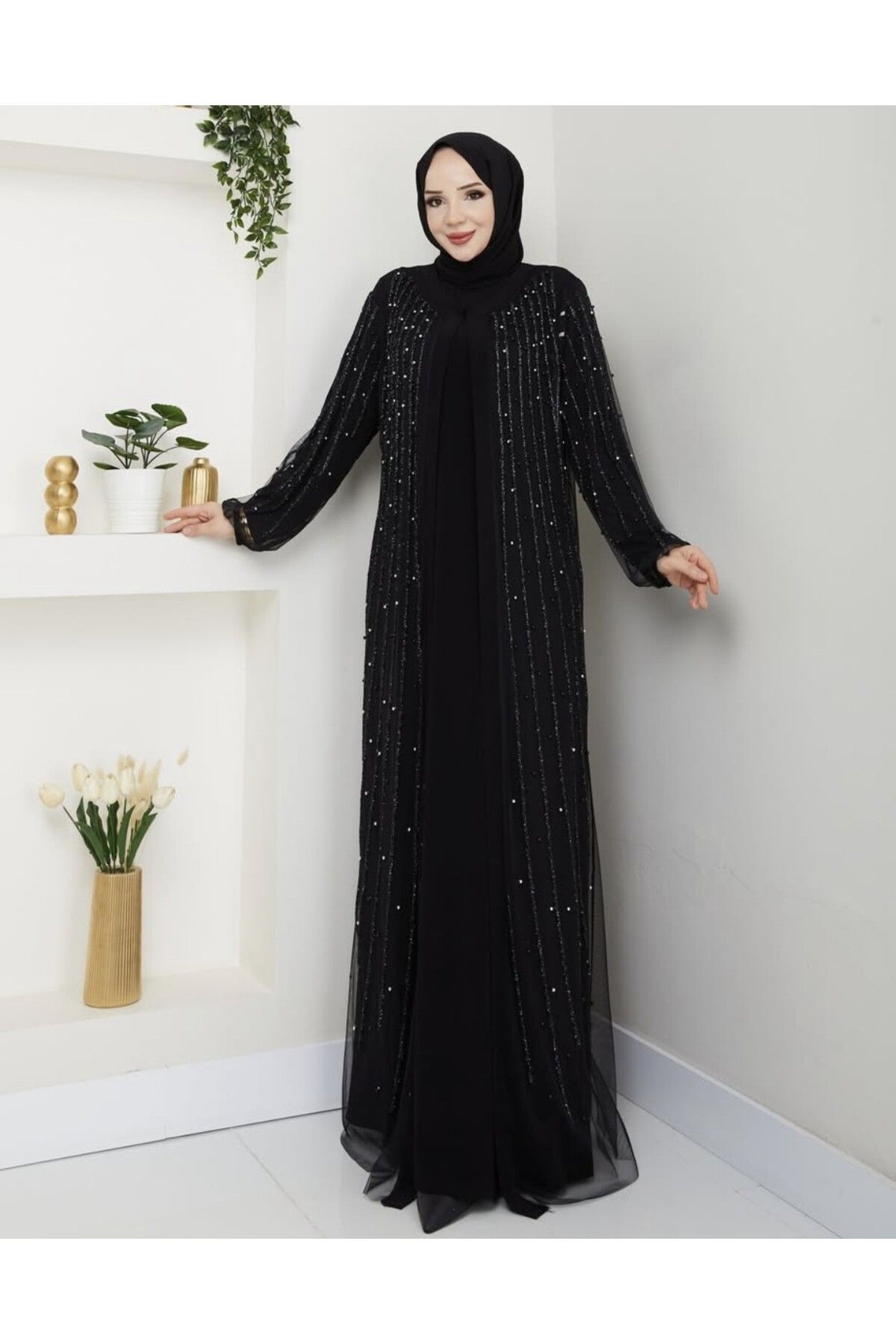 GLR&GYM GÜLPERİ KADIN BÜYÜK BEDEN FLOK BASKILI TAŞLI ABAYA/ABİYE ELBİSE