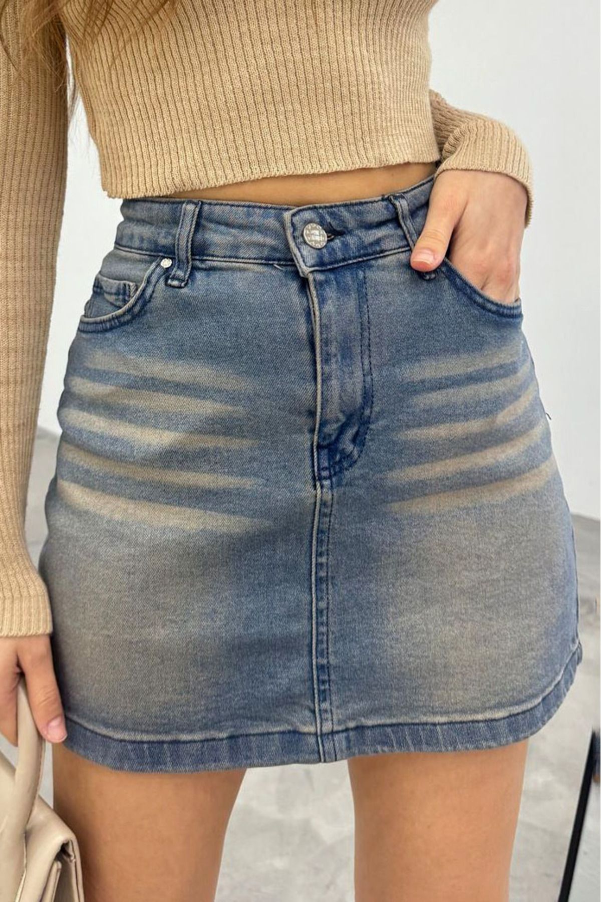 MissThetis Eskitmeli Soluk Yıkamalı Efektli Fermuarlı 5 Cepli Yüksek Bel Kısa Mini Boy Şık Cool Denim Kot Etek