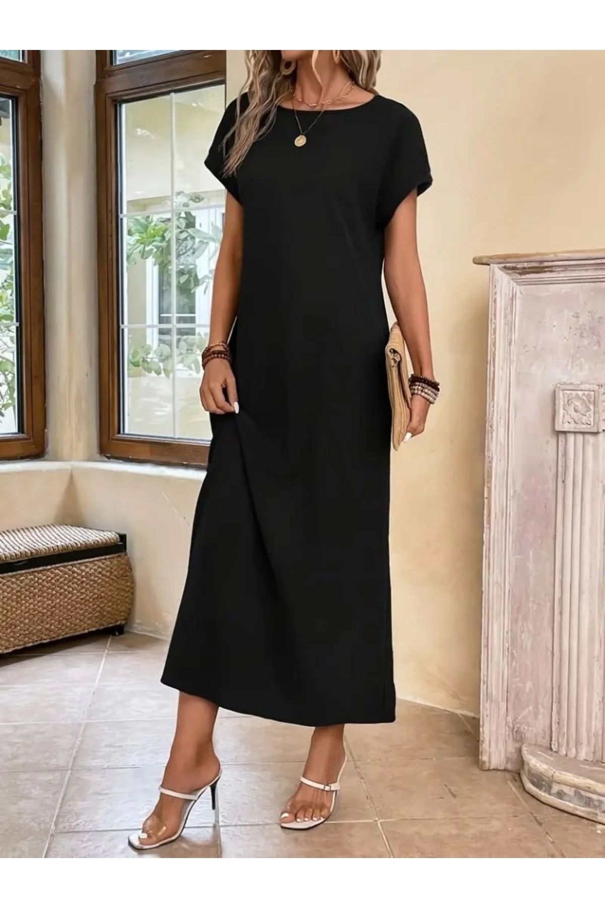 Butik Kadın Uzun Kollu Yakası Açık Viskon Elbise