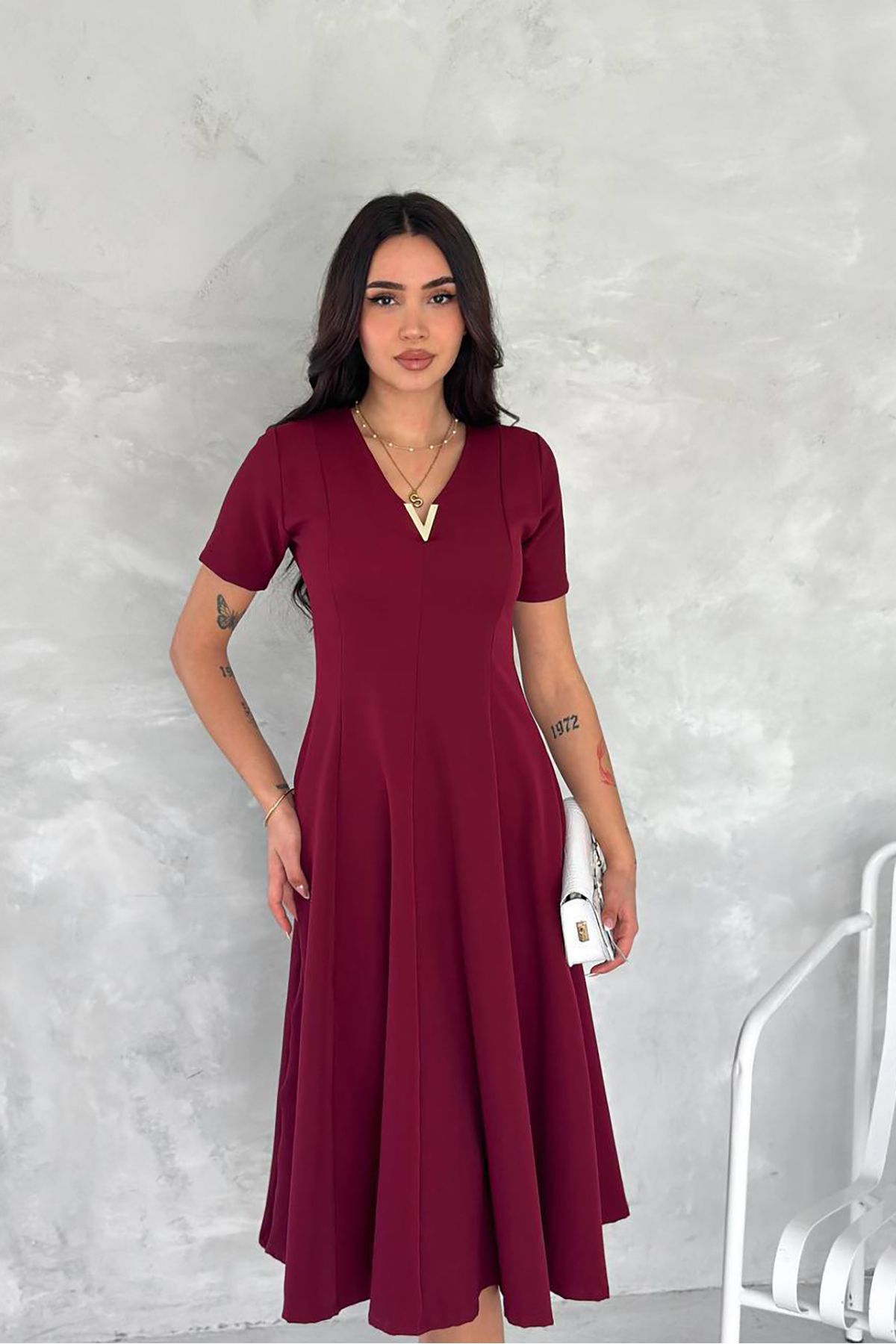 XXL BUTİK Kadın bordo likralı esnek elbise X-NBK4179
