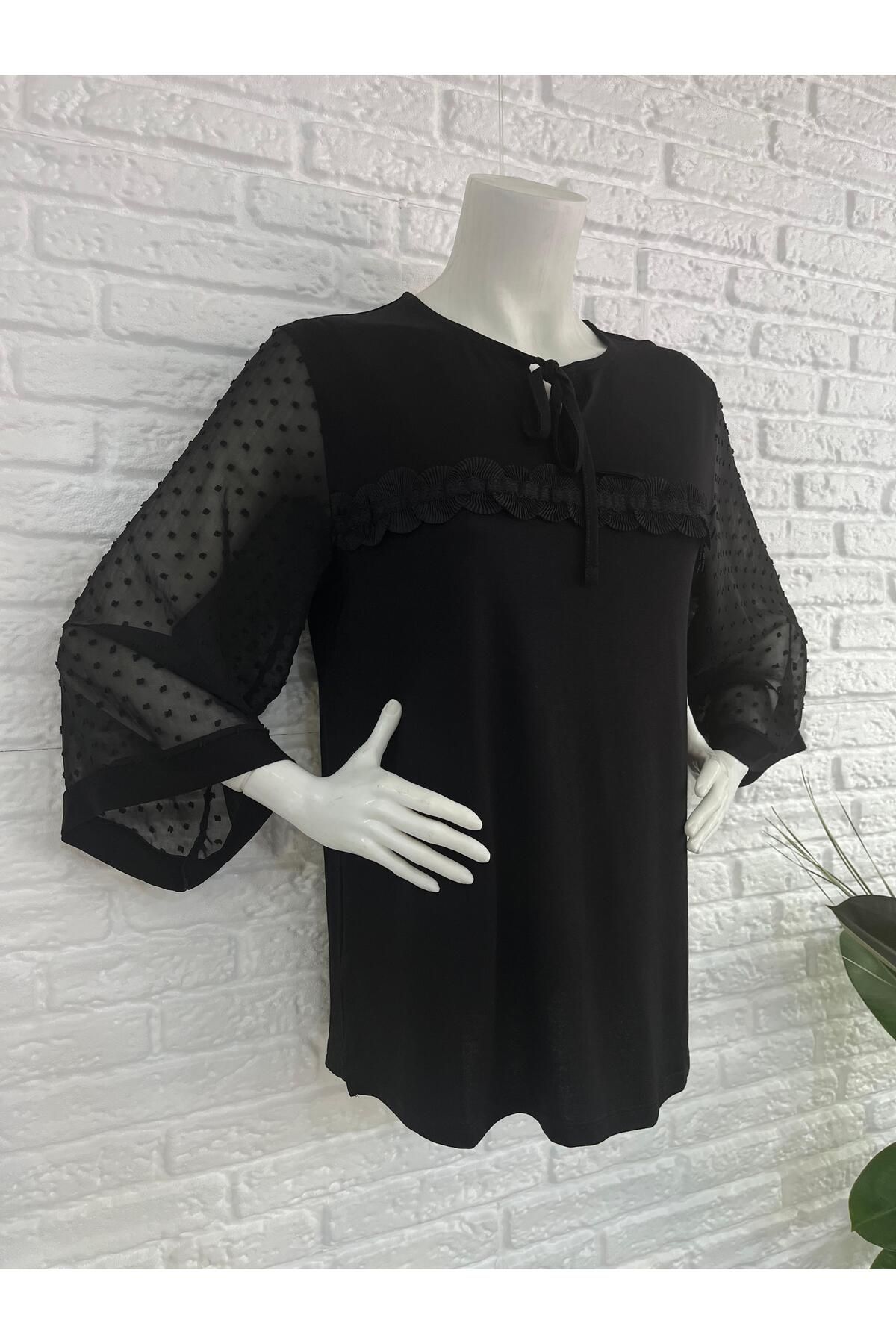 Butik Eylül ,Büyük Beden Kolları Tül,Yaka Dantel Detaylı Buluz