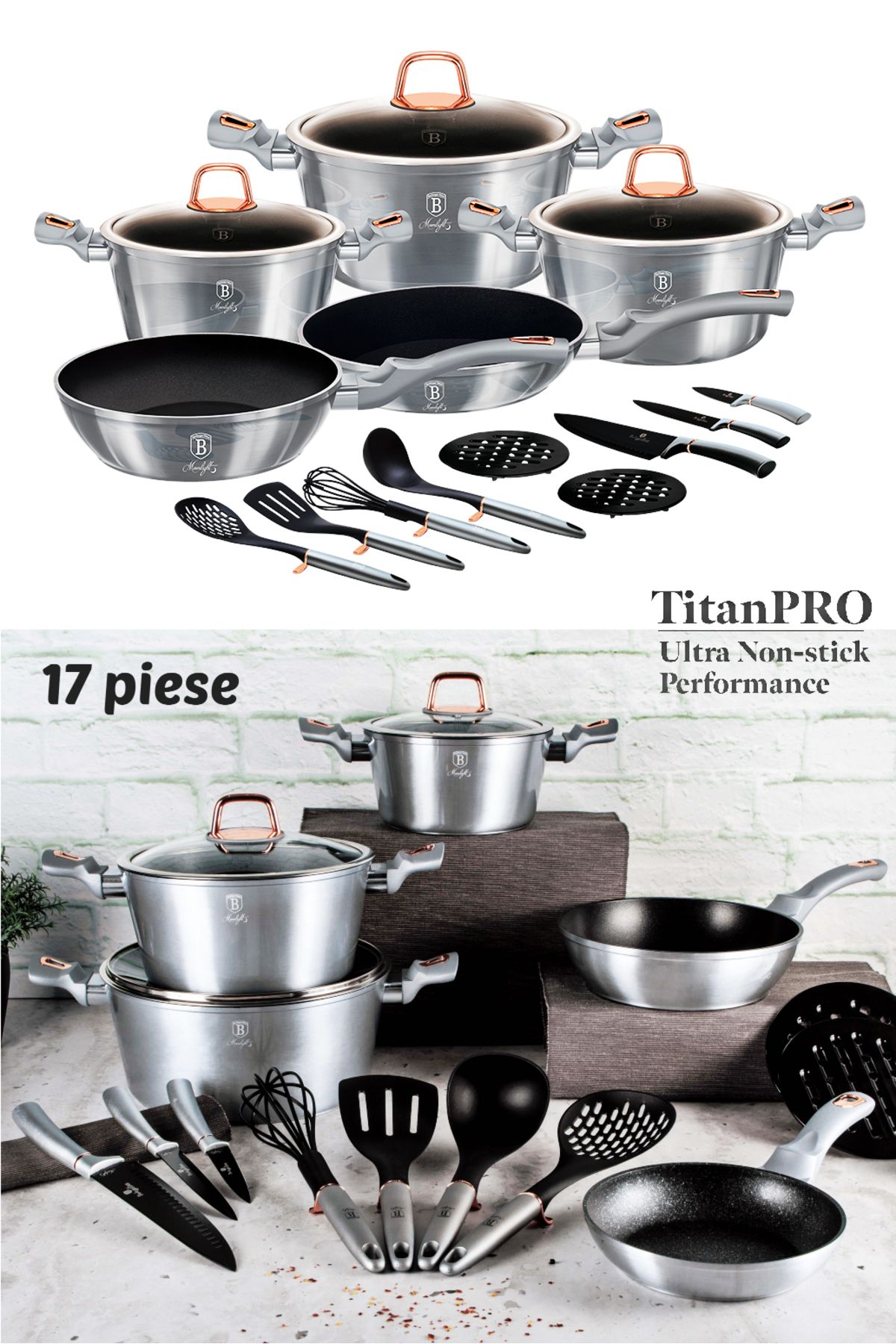 Berlinger Set De Vase De Gătit Din Titan, Set De Oale Și Tigăi, 17 Bucăți, Ediție Moonlight, Cu Inducție, Pentru Toate Aragazurile - One Size