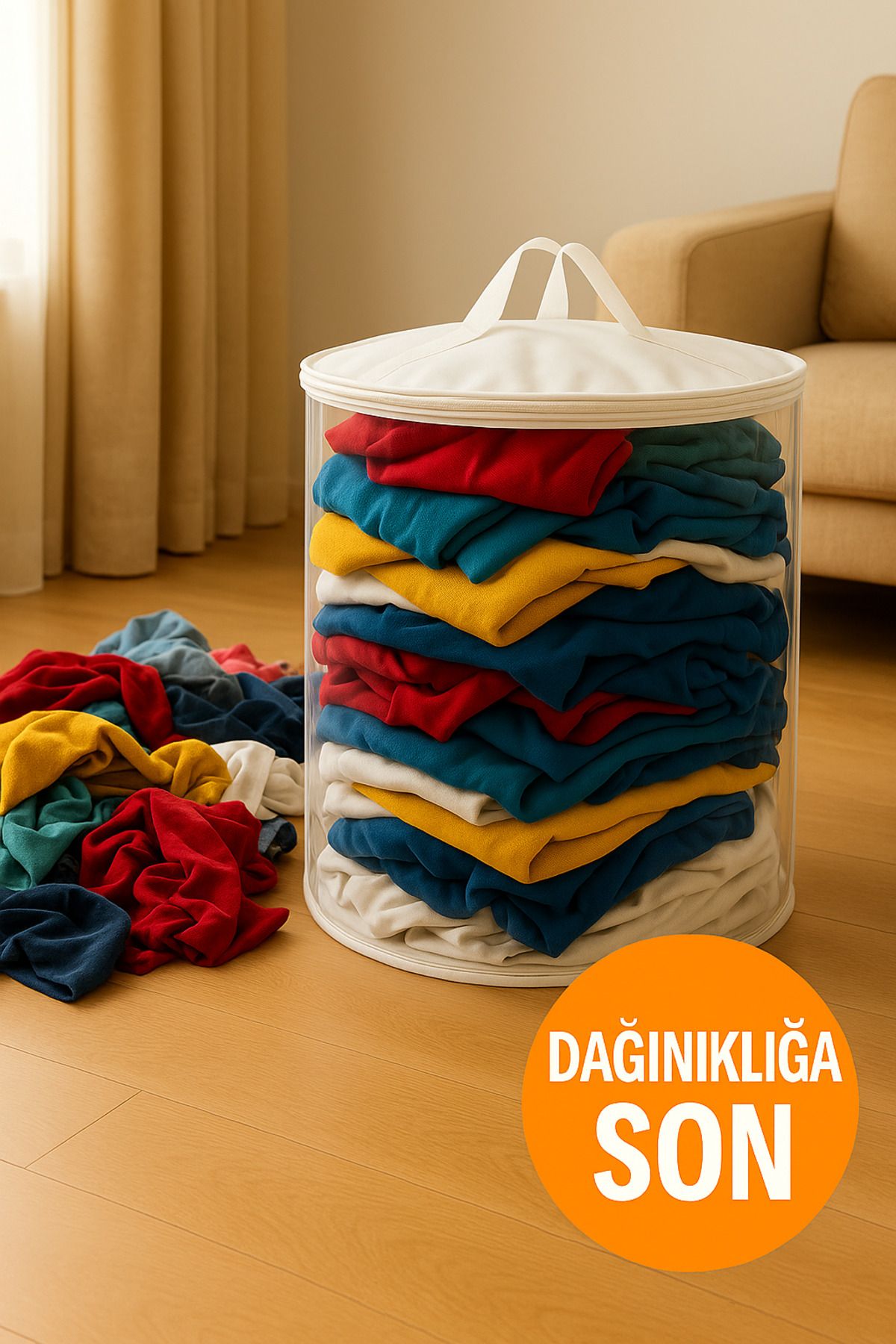 HİG HOME-50X40 Transparent Cylinder Trash Can – Large Size, with Lid and Carrying Handle 4