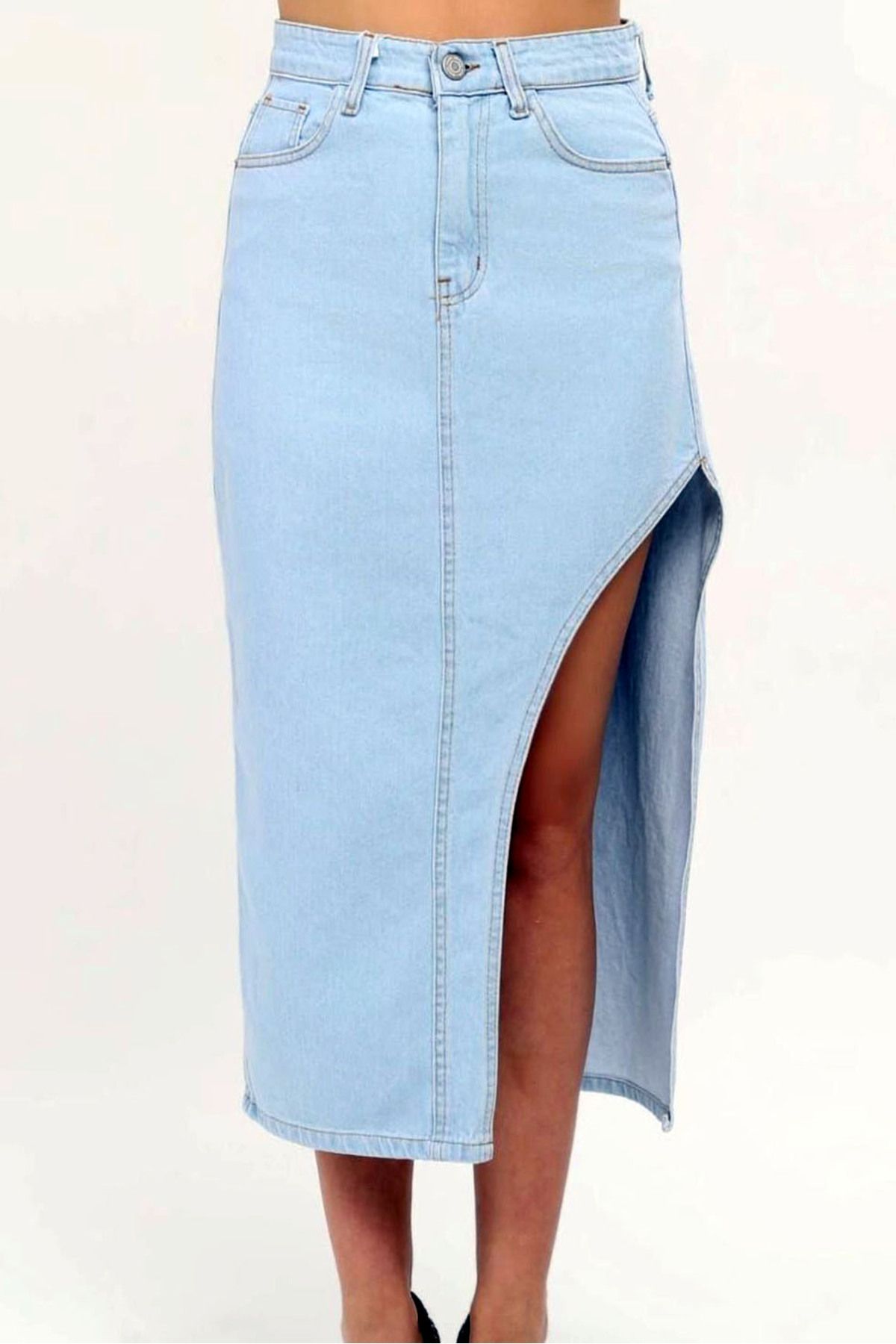 MissThetis Yüksek Bel Düğmeli Yanı Yırtmaçlı Kısa Midi Bilek Boy Çift Cepli Düğmeli Fermuarlı Denim Kot Etek