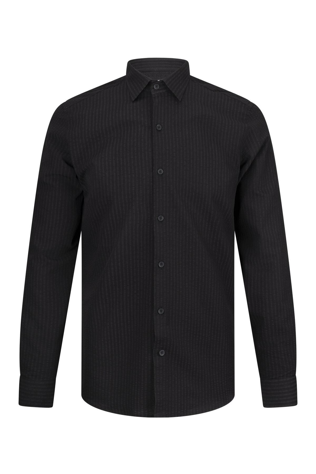 Hatemoğlu Siyah Comfort Fit 100% Pamuk Slim Yaka Uzun Kollu Spor Gömlek