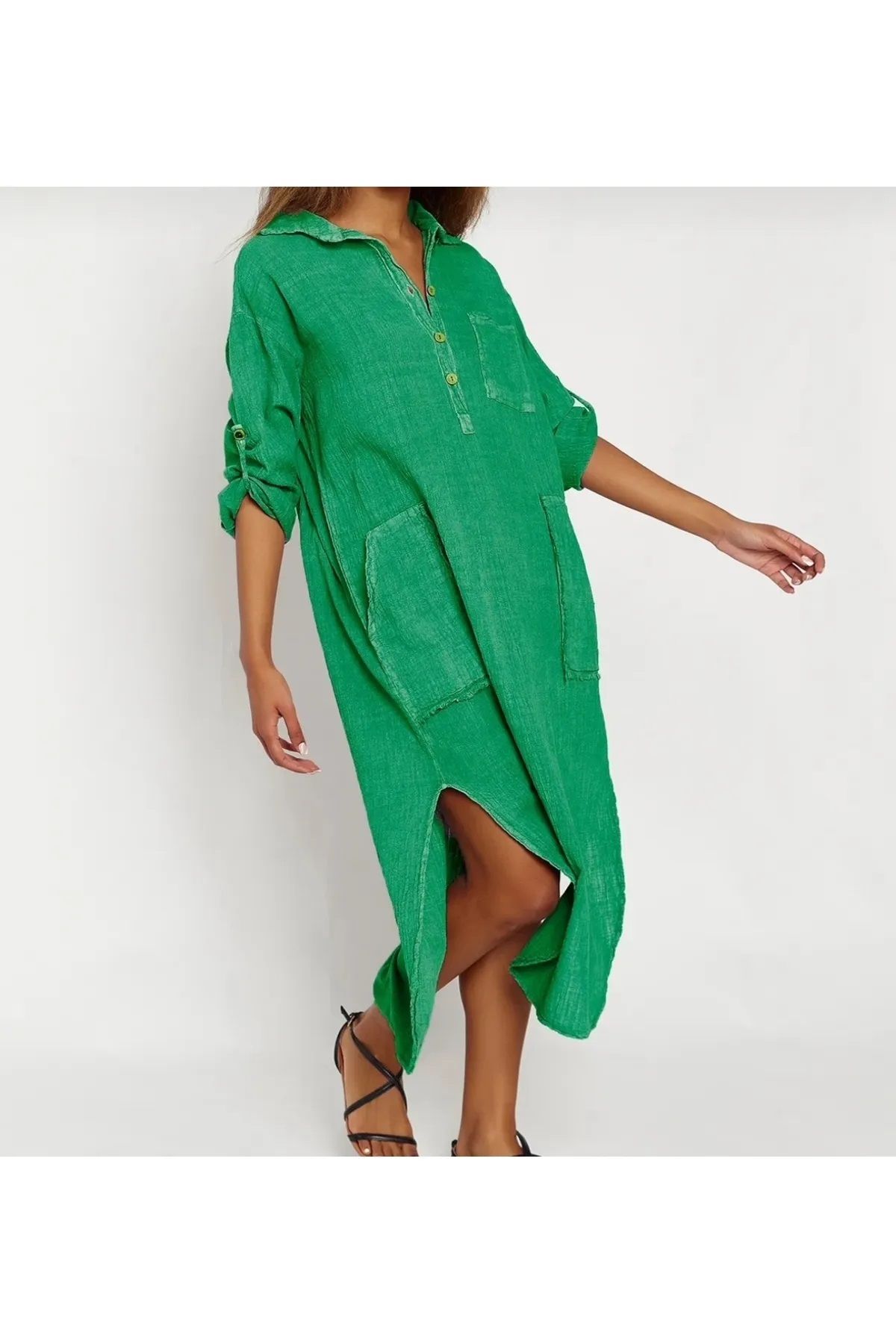 Namaste Vintage Yeşil renk kıvrılabilir uzun kollu, iki yandan yırtmaçlı otantik oversize uzun elbise (%100 pamuk)