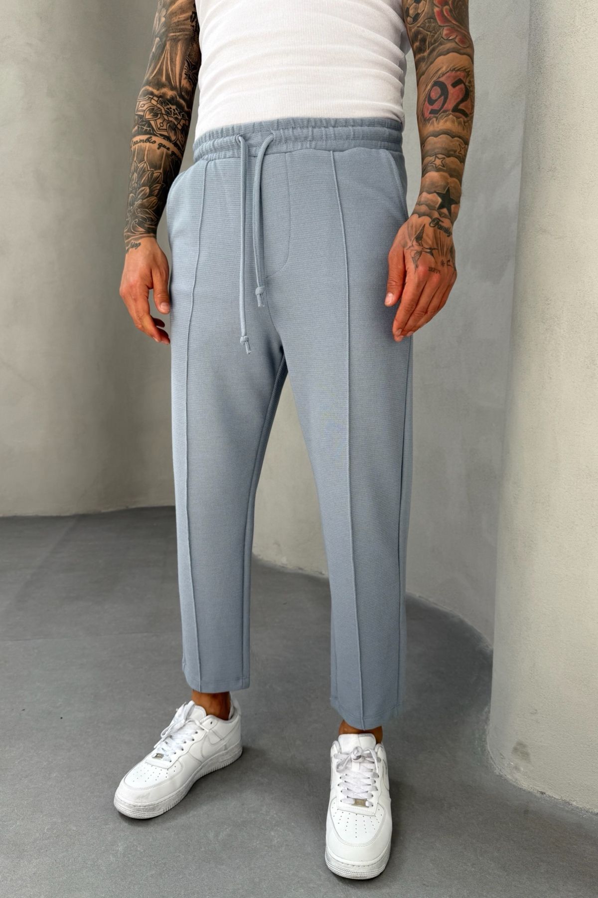 MADZEYMODA Waffle Kumaş Çima Detaylı Boyfriend Erkek Mavi Jogger Pantolon Mz5036