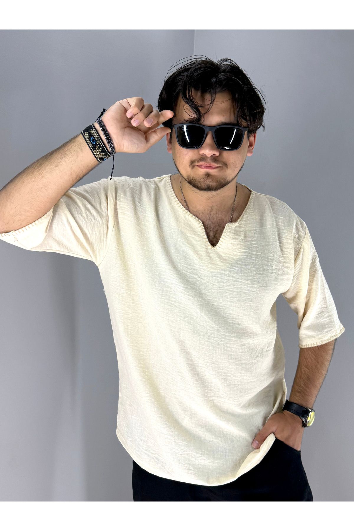 MARESHAL El İşi Kroşata Armut Yaka ve Kol Detaylı Oversize T-Shirt (Bej)