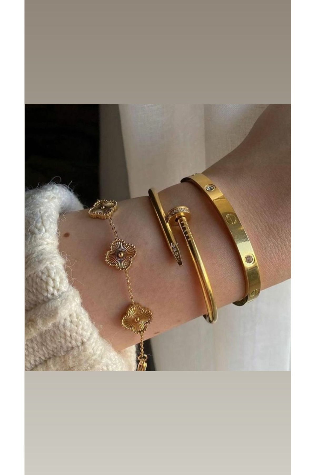 MissFerisa Üçlü Kombin Gold Marka Model Kelepçe Bileklik Seti (Yonca Model Gold Bileklik) Altın