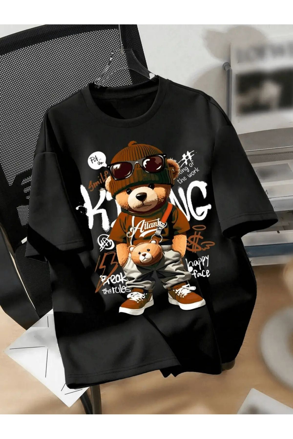 İnazuma Outdoors Unisex Oversize Baskılı Pamuklu Bisiklet Yaka Kısa Kollu SİYAH T-shirt King Ayıcık Kahverengi